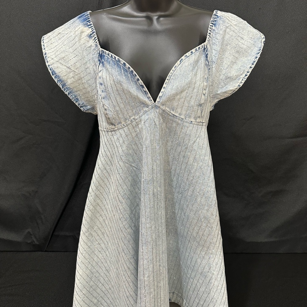 Blue Mini Sundress with Sweetheart Neckline and Flutter Cap Sleeves